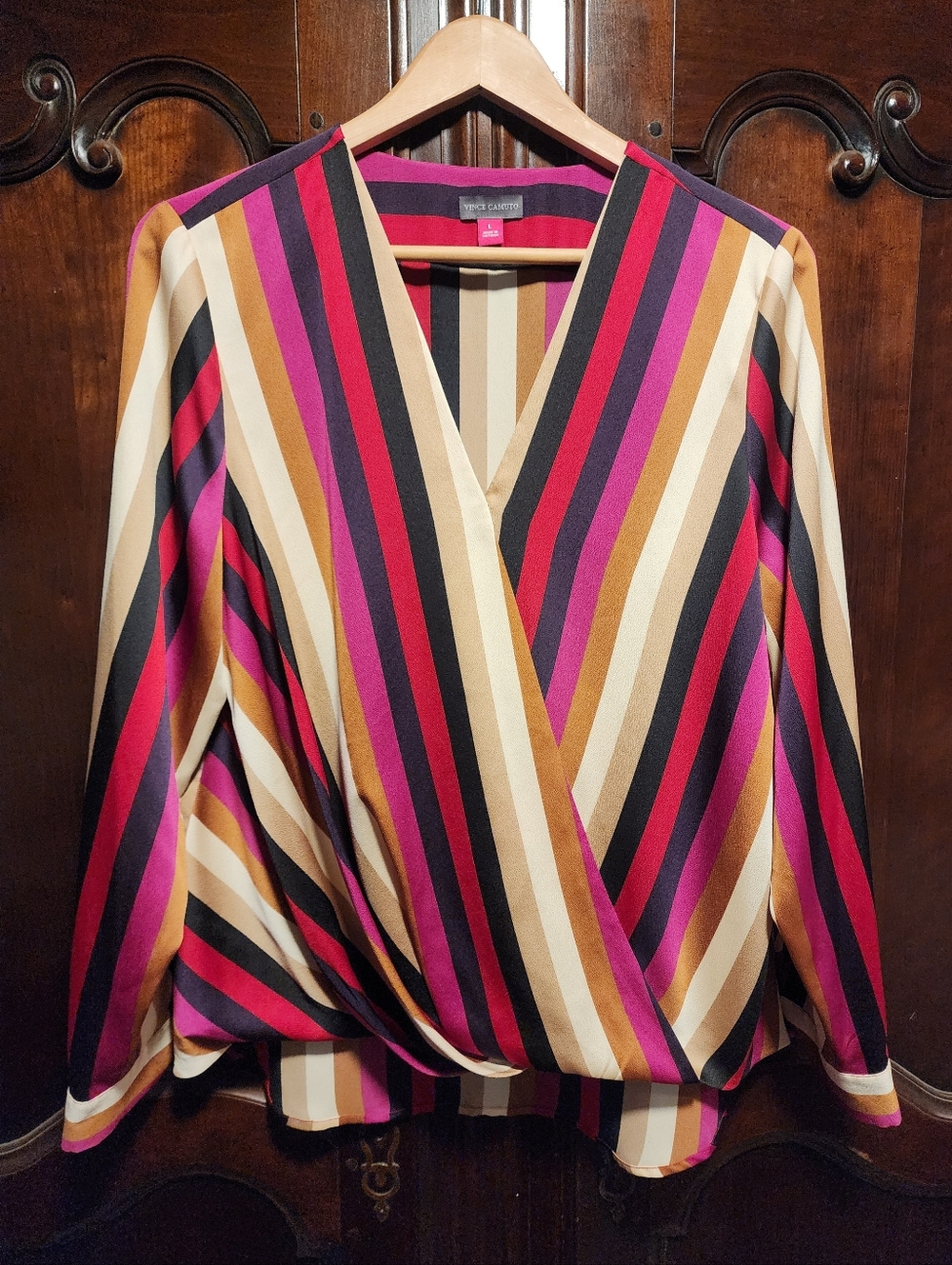 VINCE CAMUTO - Striped Blouse Crossover V-neck Blouse